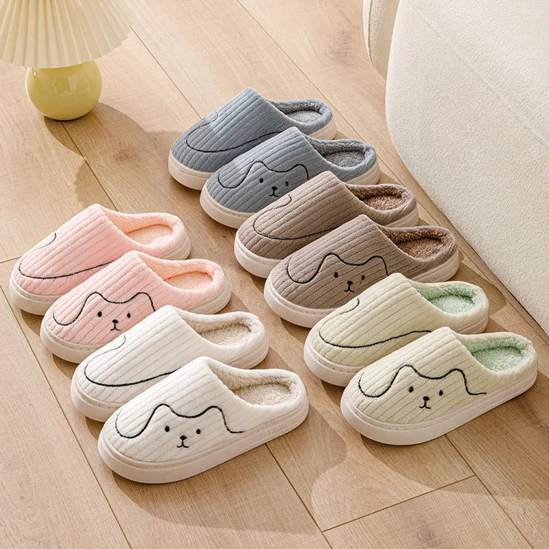 Cat print plush indoor slippers with anti-slip rubber sole in pink, green and grey for women and men