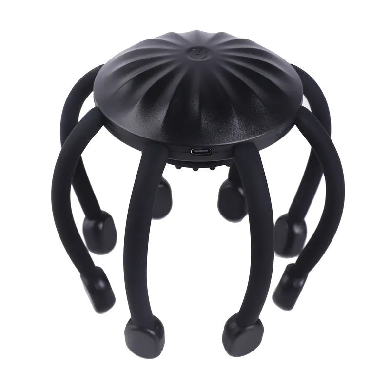 Black head massager with multiple vibrating claws on a scalp, showing four speed mode buttons and USB charging port