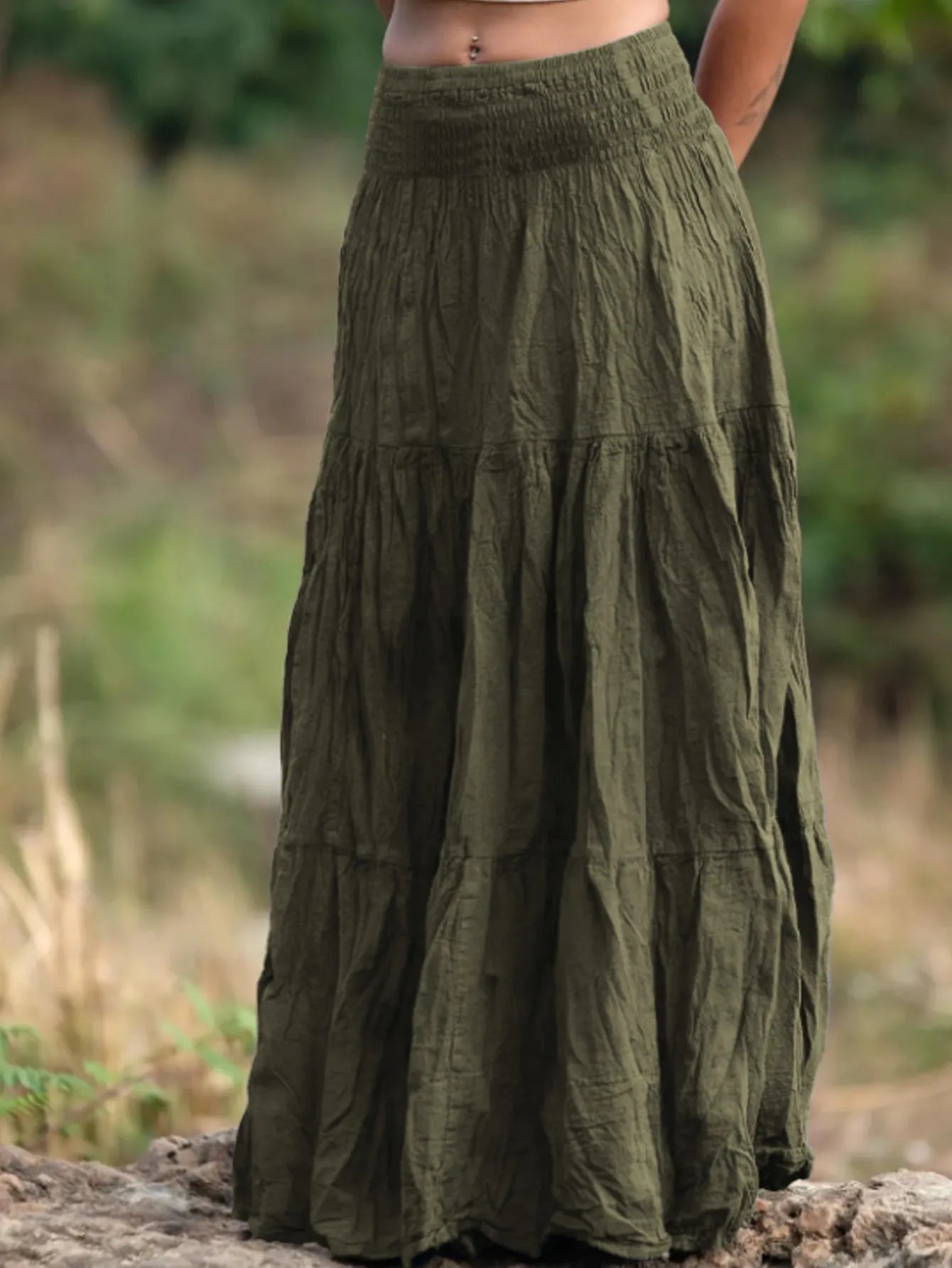 Women's waist smocking mid-length retro skirt in viscose fibre with folding detail, available in multiple colours and sizes