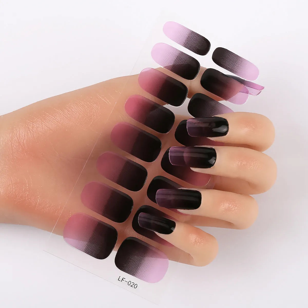 Full nail art sticker sheet showing 16 different solid colour designs including European simple nails and floral patterns
