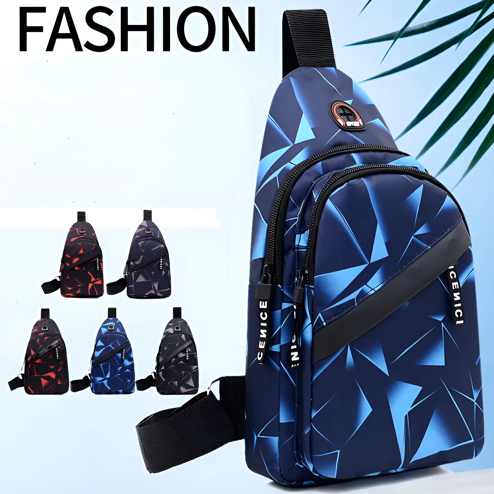 Men's Oxford cloth crossbody chest bag with earphone hole, showing zipper closure and vertical messenger style