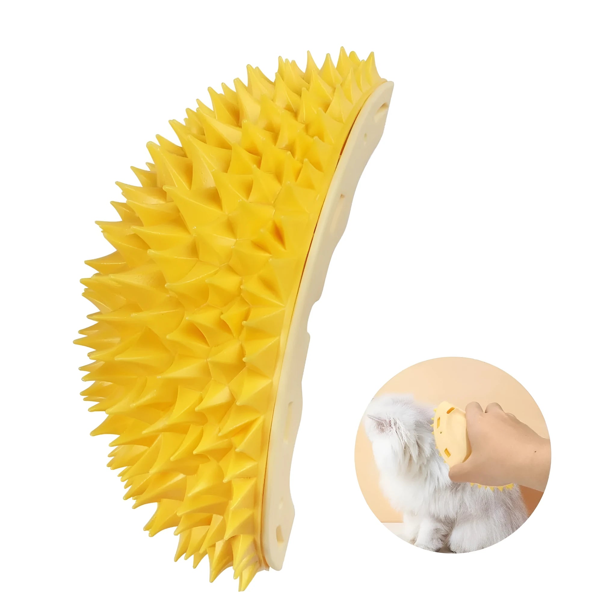 Yellow durian-shaped cat corner scratcher and grooming comb with adhesive backing