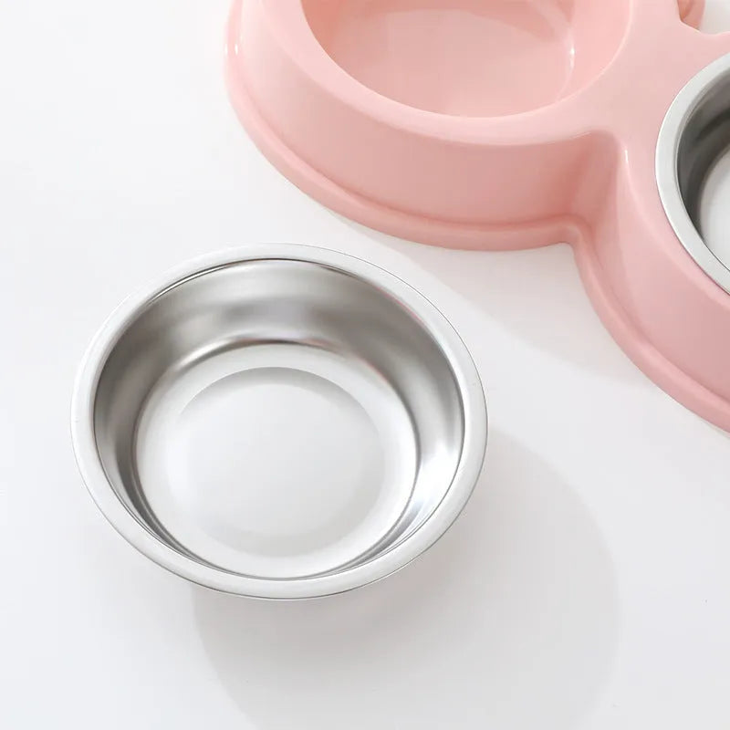 Stainless steel pet double bowl with elevated frog-style base in blue colour for cat and dog feeding