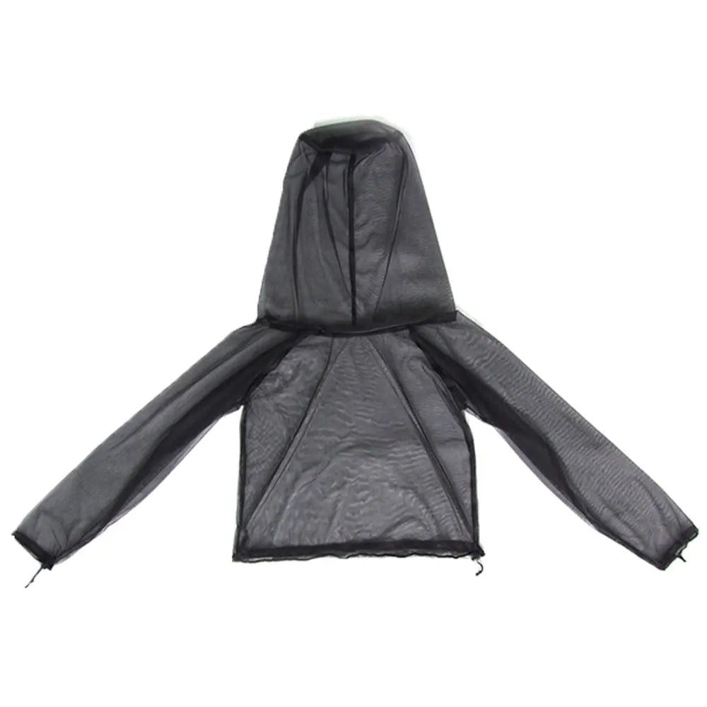 Adult wearing a full mesh anti-mosquito suit with hood, trousers, and booties for outdoor camping.