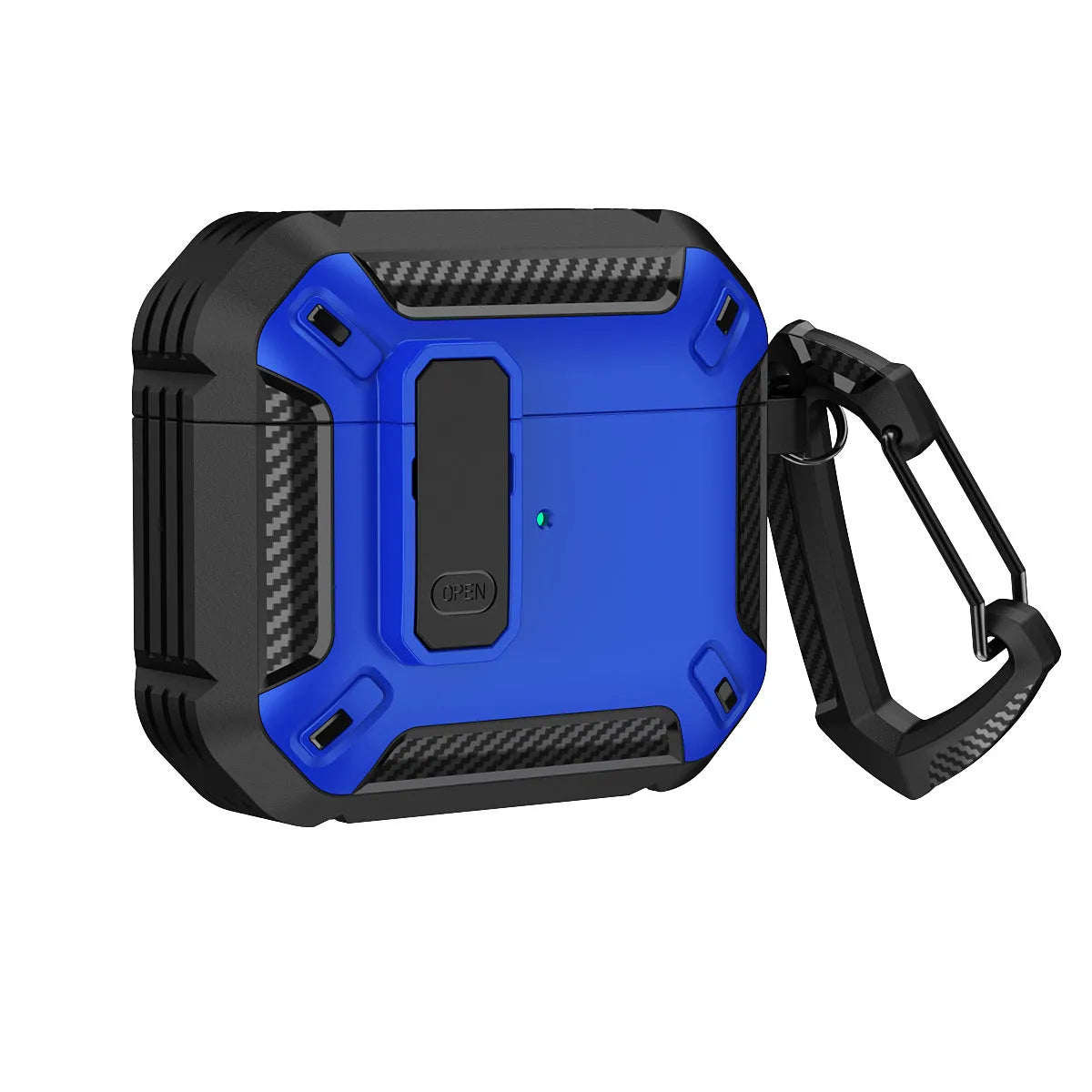 Two-colour plastic clamshell protective case for Apple AirPods with a metal hook attached.