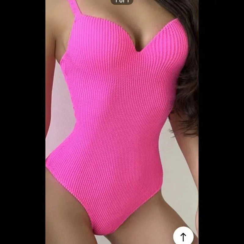 Women's one-piece swimsuit with sunken stripe pattern in polyester fabric, shown in multiple colour options