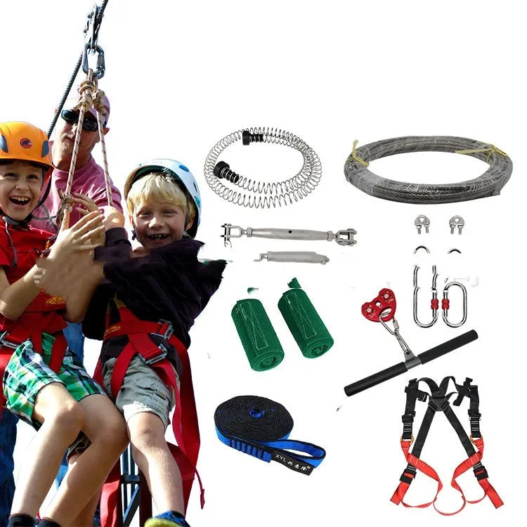 Children's outdoor pulley slide rope set with handle, steel cable, and safety components including retractor and buffer spring