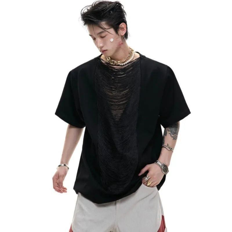 Men's black loose fit T-shirt with hollow out V-neck design and short sleeves