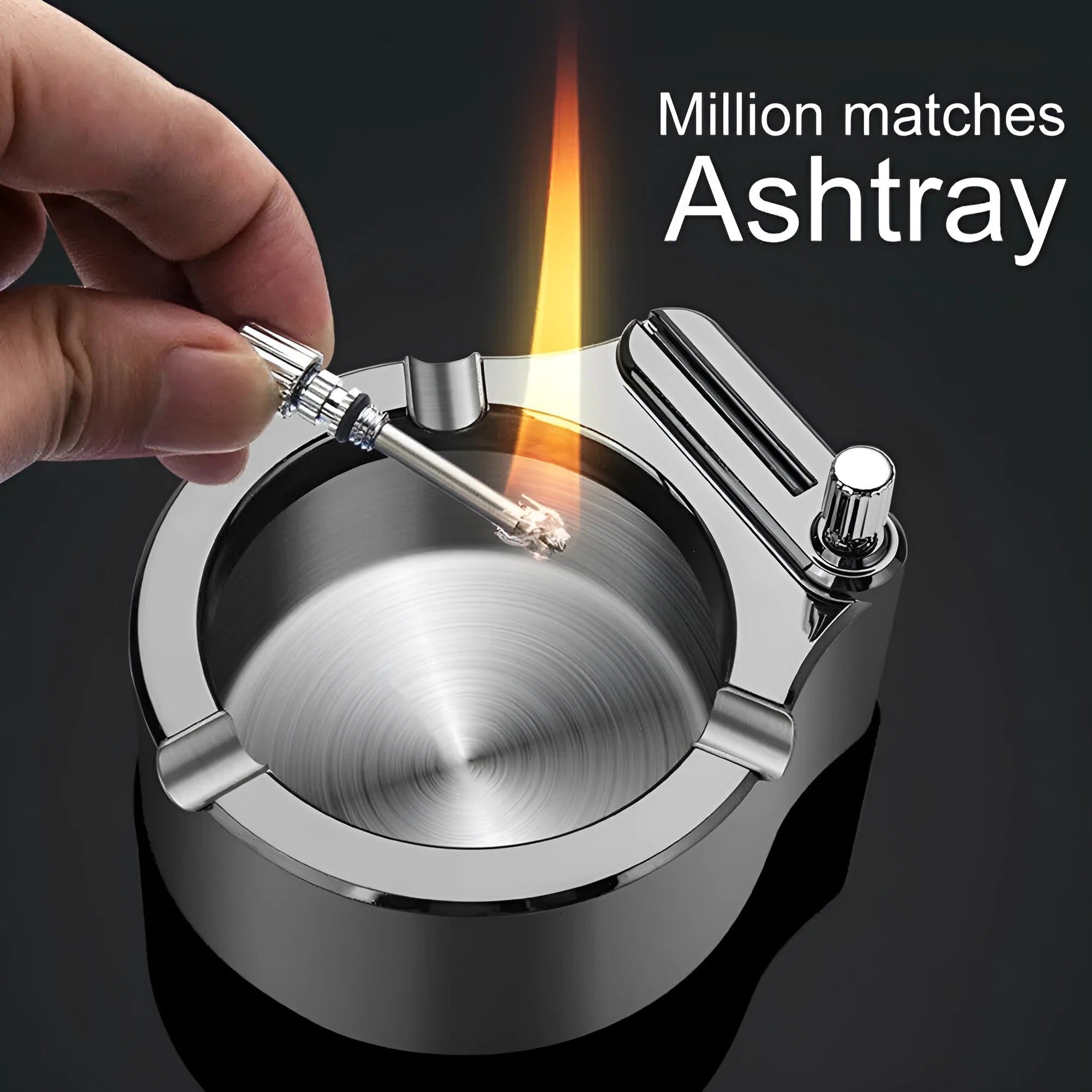 Large blue metal cigarette ashtray with a built-in permanent match lighter and three cigarette slots.