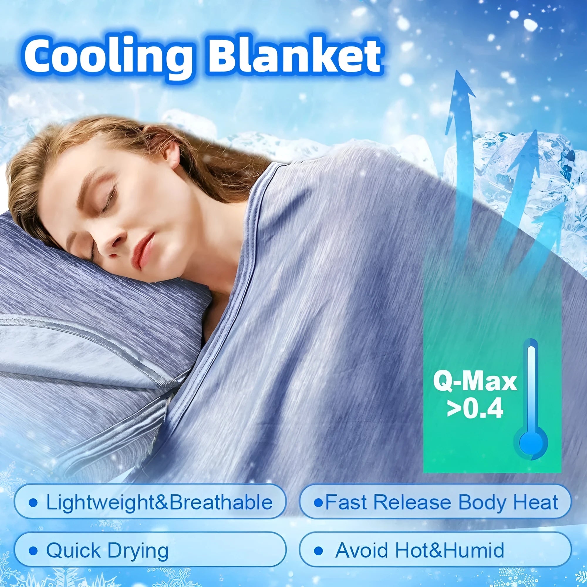 Blue Japanese cooling blanket with Q-Max fibres laid flat on a bed.