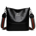 European American simple versatile bucket bag in black, soft PU leather with sandwich pocket, 23.5x22x12cm