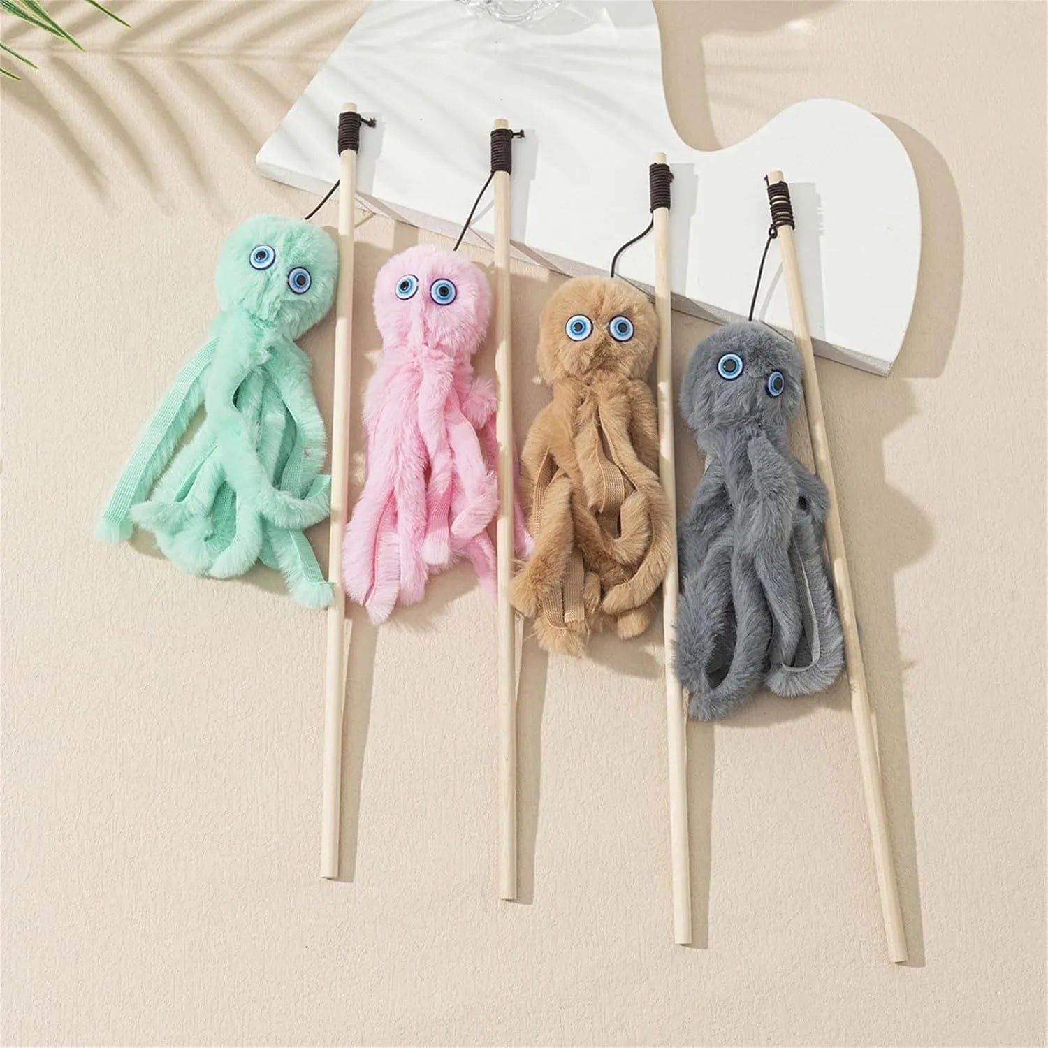 Octopus-themed furry cat toy with eyes on 40cm long stick for indoor kitten play