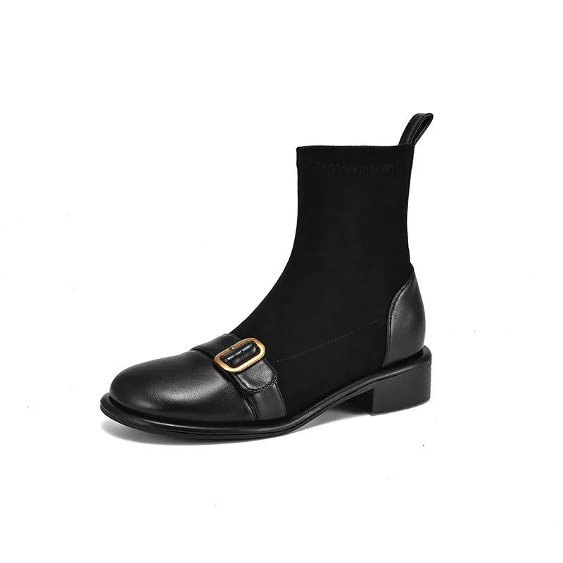 Women's black low heel Martin boots with round toe and front lace-up closure