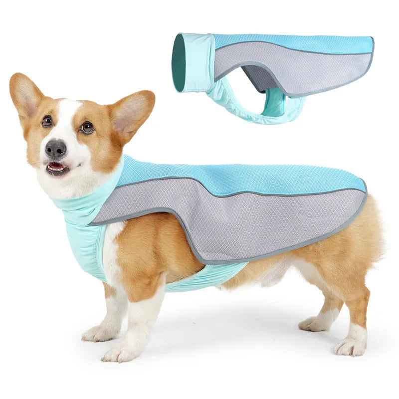 Polyester dog cooling vest in light grey colour showing breathable construction