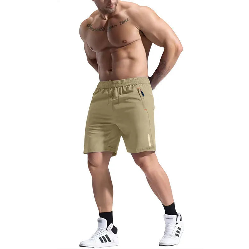 Men's grey bamboo fibre elastic waist sports shorts with a drawstring on a plain background