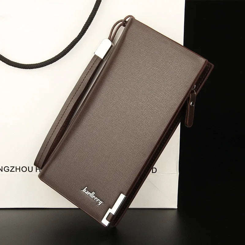 Men's black PU leather bifold wallet with a zipper closure, showing card slots and a coin compartment.