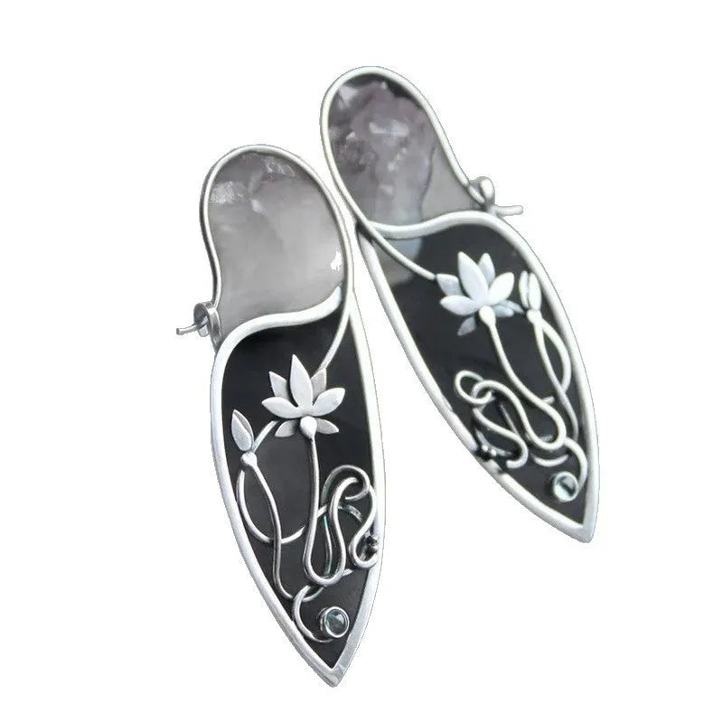 Silver electroplated lotus vine earrings with floral design and geometric round elements