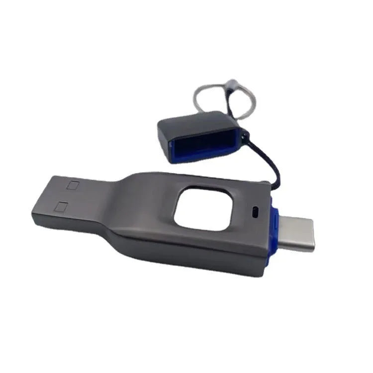 Black fingerprint encrypted USB drive showing both USB 3.0 and USB-C connectors