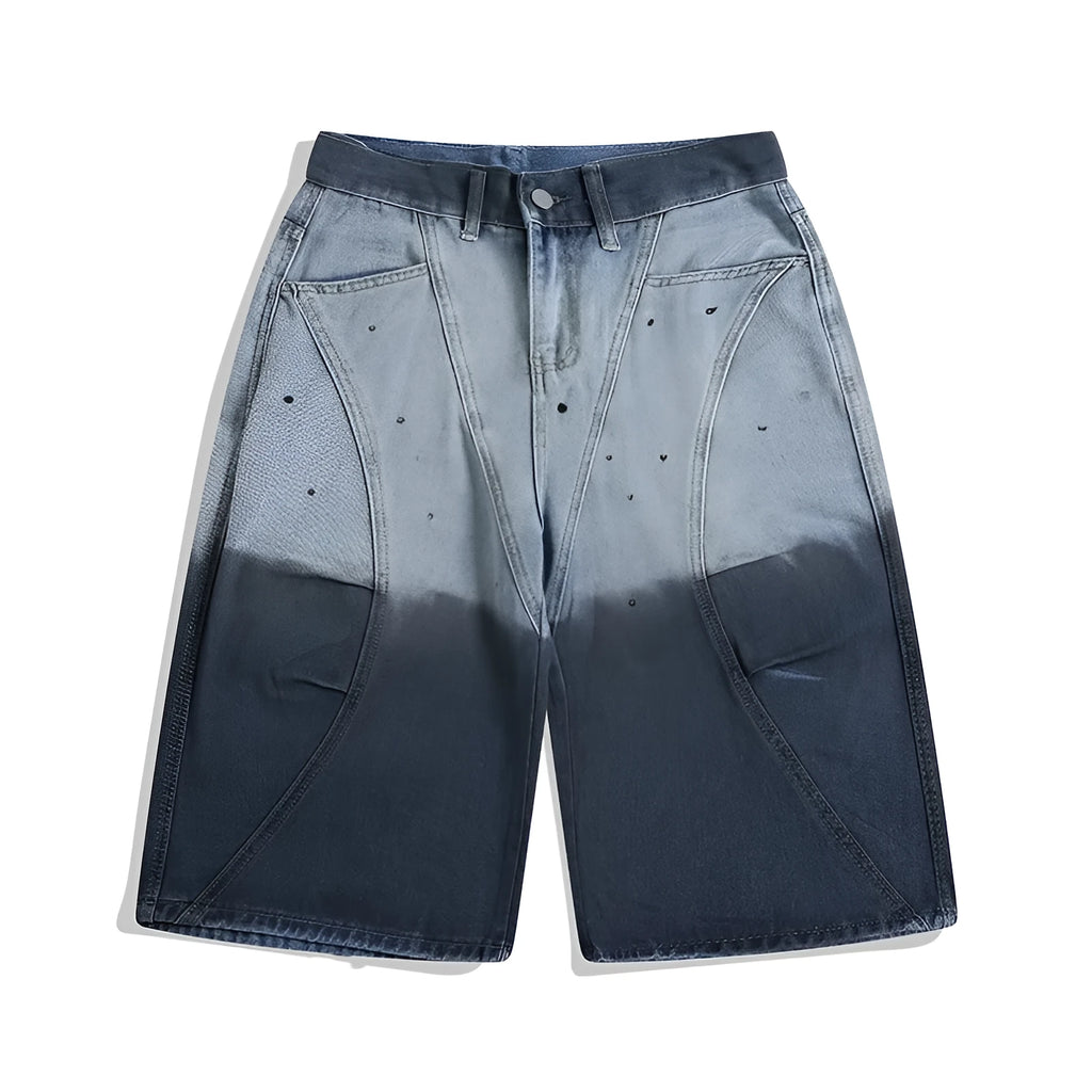 Blue tie-dye gradient washed cropped jeans with loose fit and mid waist