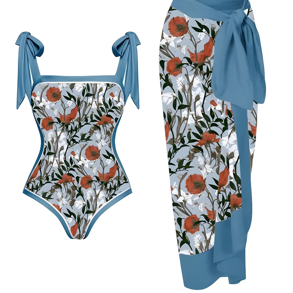 Women's printed chiffon two-piece swimsuit set with matching hip skirt