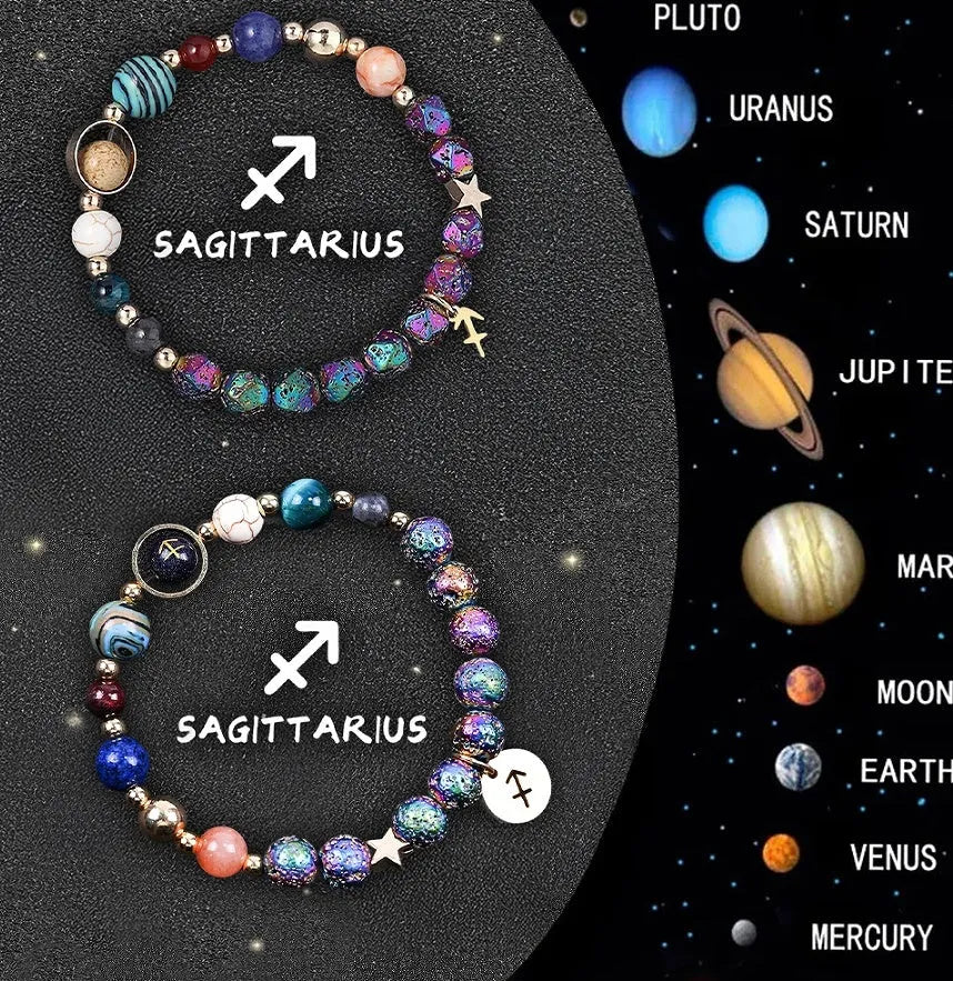 Two natural stone beaded bracelets with zodiac symbols on an adjustable cord.