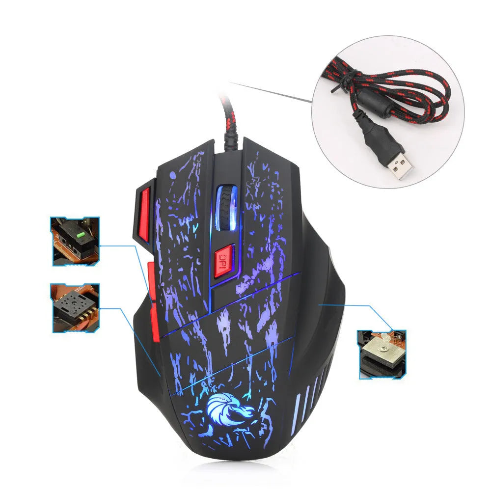 Water crack colourful luminous wired gaming mouse with ergonomic design and USB cable