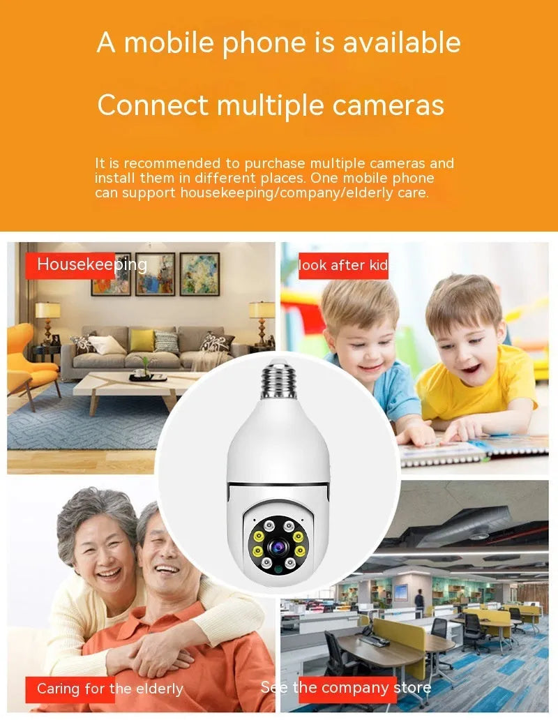 Wireless bulb camera with 1080p lens and metal plastic body for indoor outdoor WiFi security monitoring