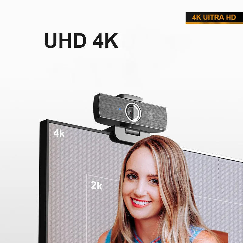 Black USB computer camera with magnetic privacy cover for video conferencing at 8MP resolution and 60FPS