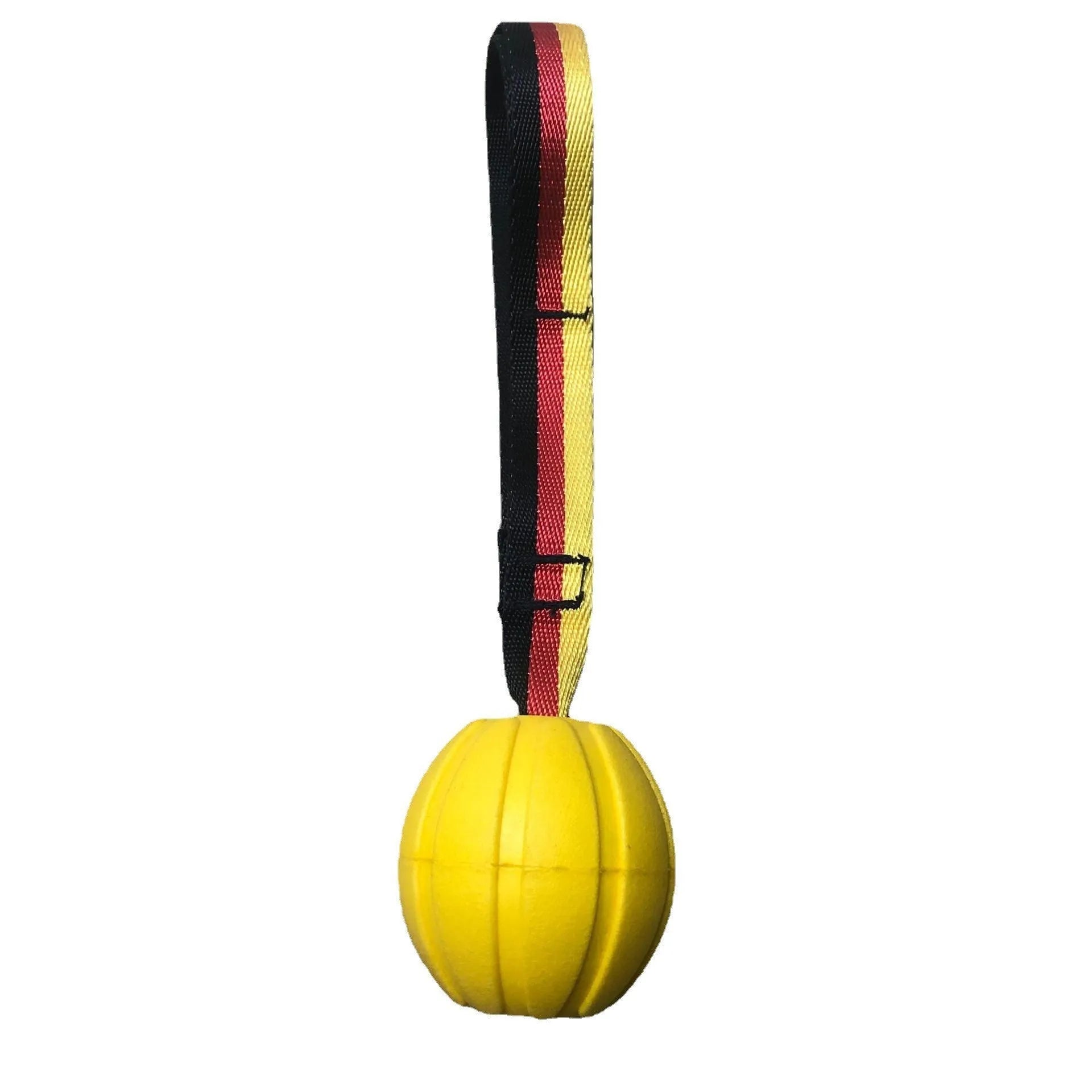EVA floating pet tetherball toy in yellow and camouflage colours with string attachment