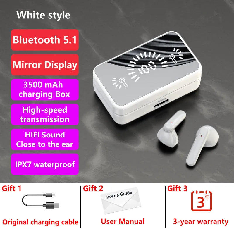Bluetooth 5.0 wireless e-sports headset earplug stereo with power display in black and white
