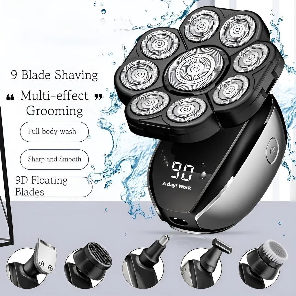 Black rechargeable 6-in-1 hair clipper and shaver kit with multiple attachments laid out.