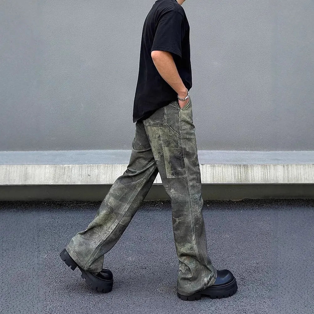 Men's straight leg jeans with retro digital camouflage pattern on dark denim fabric