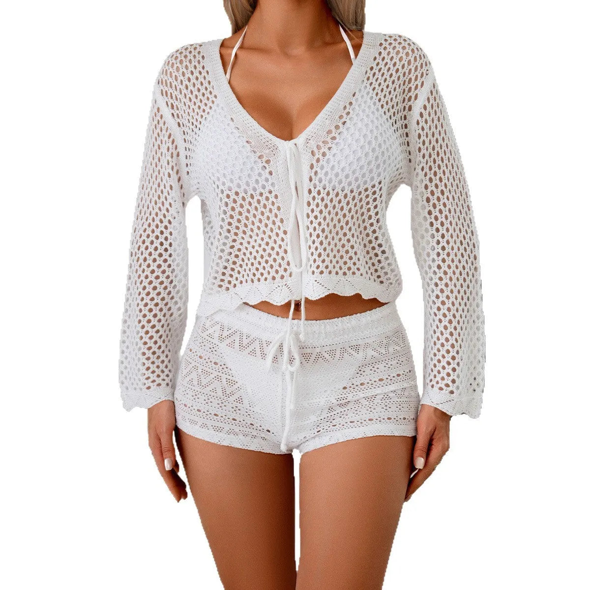Women's short length cardigan blouse with nine-quarter bell sleeves in a hollow woven imitation cotton fabric.