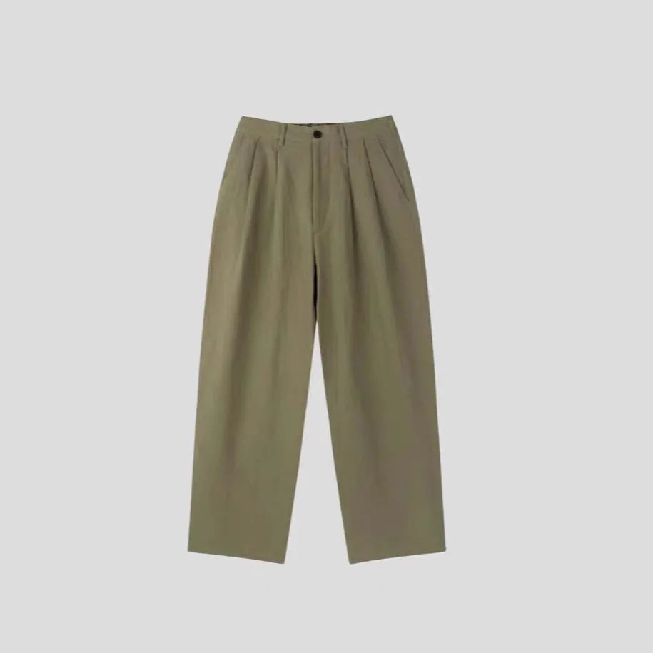 Men's cotton linen blend wide leg trousers in apricot, army green or purplish blue with micro-elastic waistband