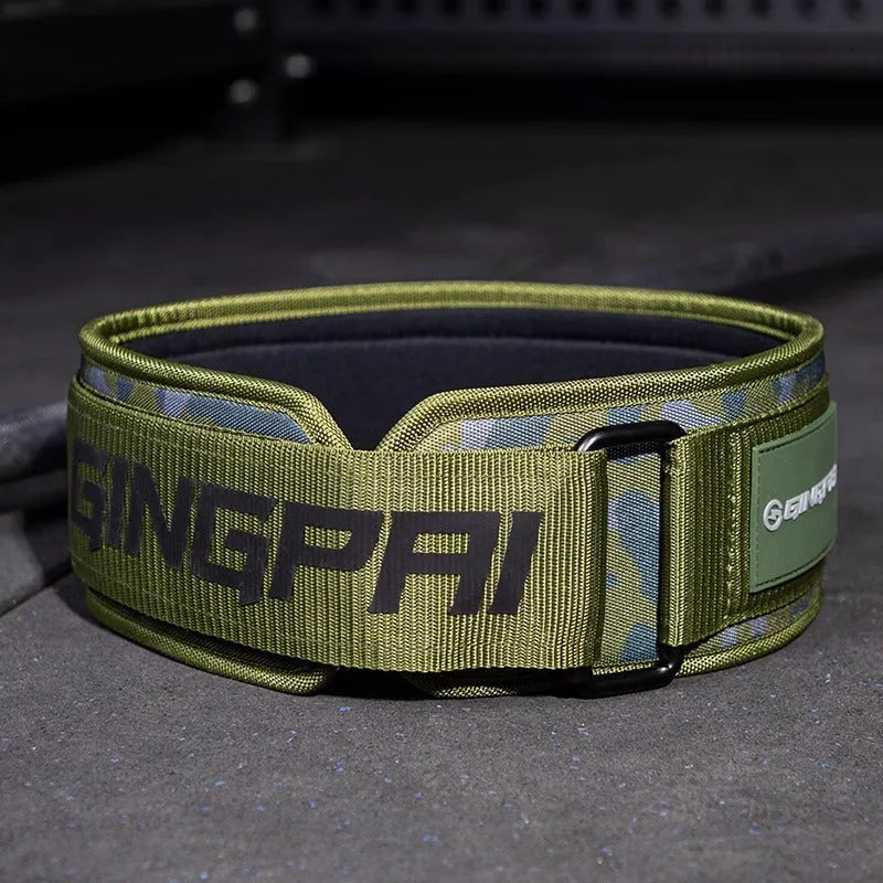 Adjustable abdominal exercising support belt for weightlifting and squats, shown in multiple colour options.
