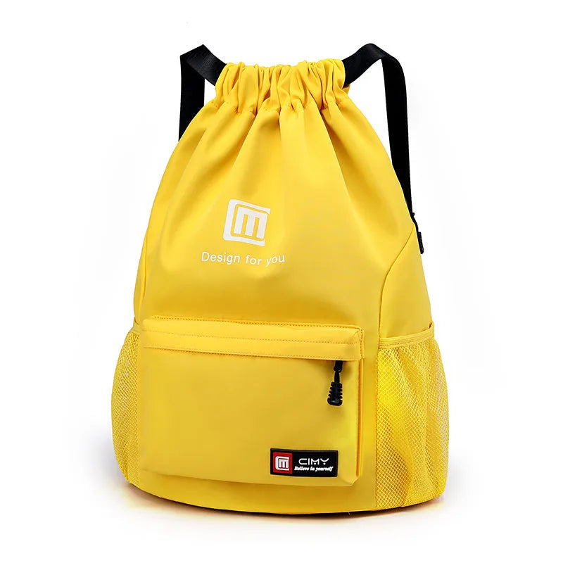 Oxford waterproof drawstring travel backpack in multiple colours showing foldable design and shoulder straps