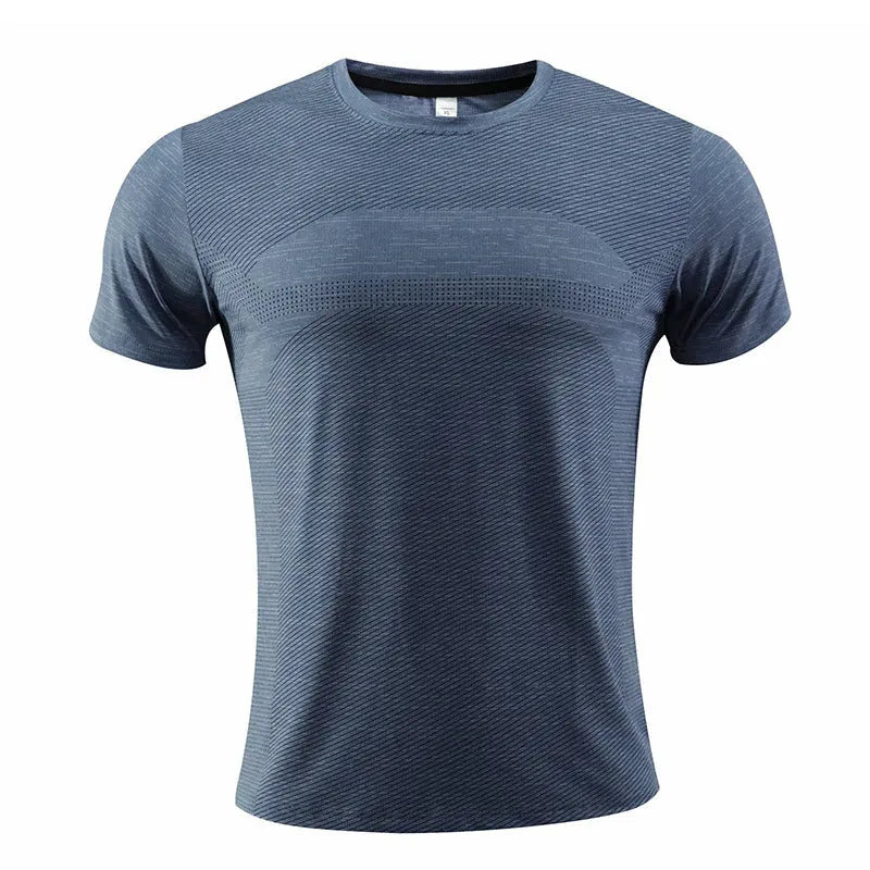 Men's red polyester spandex short sleeve sports t-shirt for running and basketball.