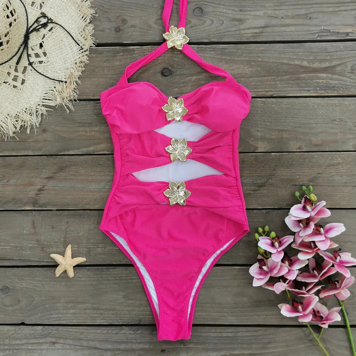 Adult female one-piece swimsuit with hollow-out tube top and matching short skirt in solid colour
