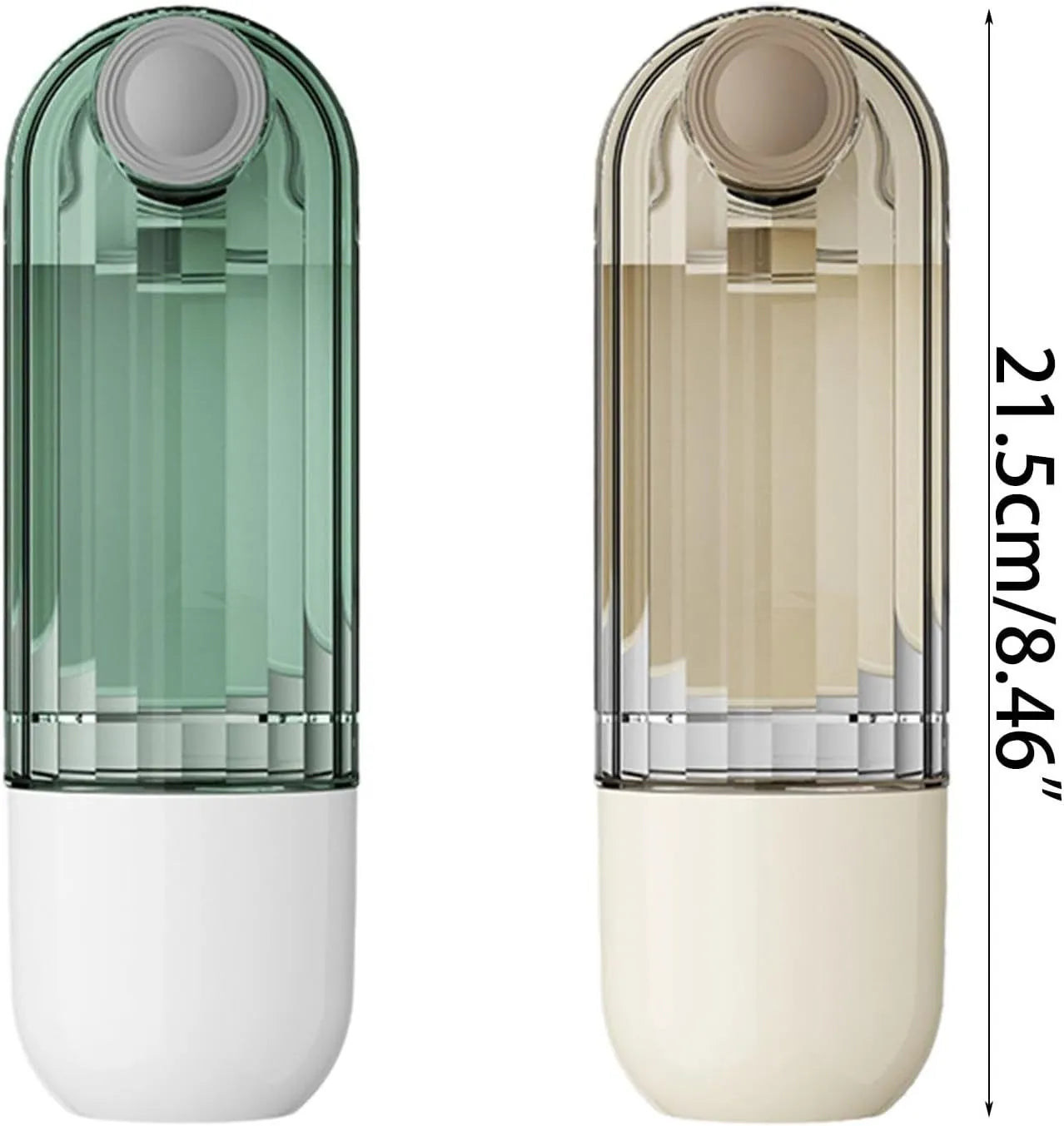 Beige foldable dog water bottle with food container, showing dispenser tray and compact size.