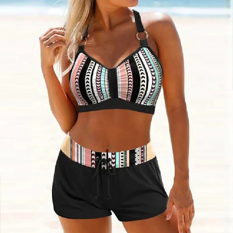 Women's polyester two-piece swimsuit bikini with print design for hot spring swimming