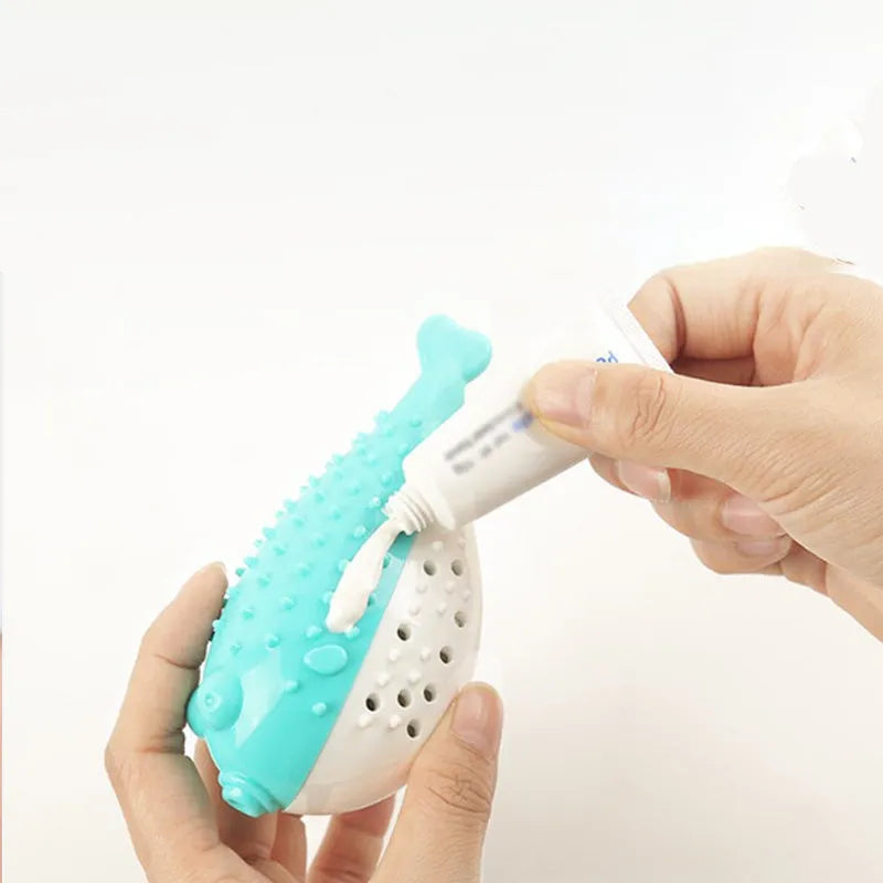 Silicone fish-shaped cat chew toy in blue, green, pink, or yellow colour options