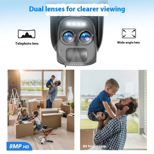 Solar-powered outdoor security camera with 8x zoom lens for home surveillance