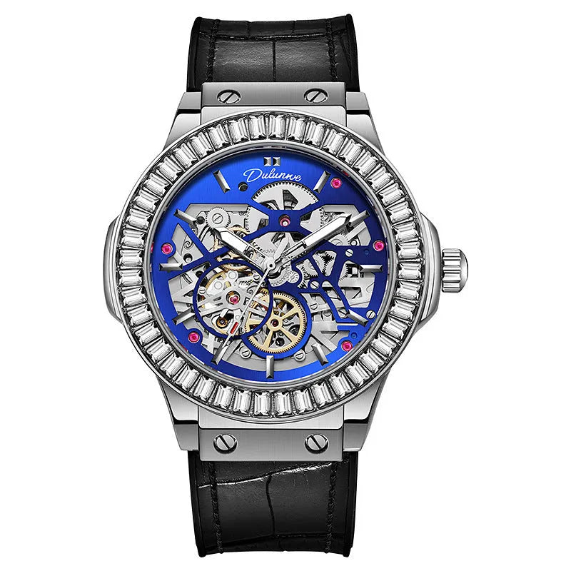 Men's automatic mechanical watch with hollow movement and diamond-studded dial on wrist