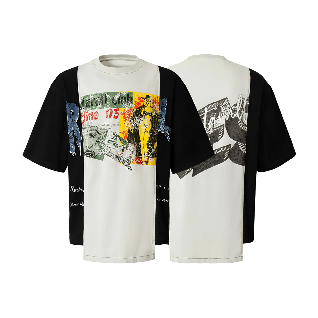 Black and white broken collage deconstruction print on a men's loose fit cotton blend t-shirt.