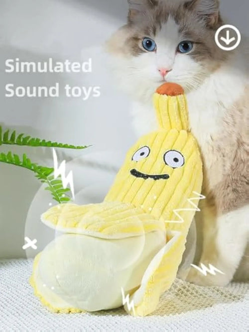 Yellow banana cat toy with crinkle sound measuring 13 inches long