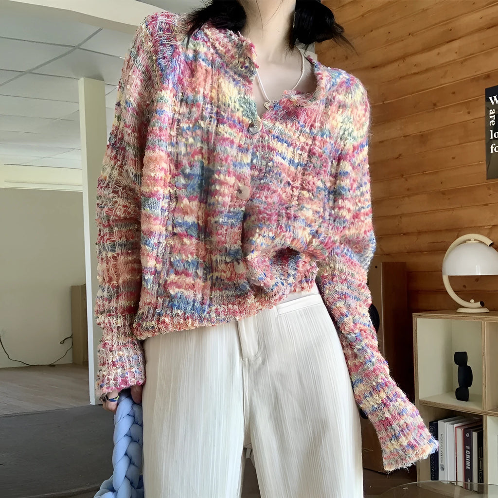 Rainbow pattern knitted cardigan in green or pink with slim fit and regular sleeves