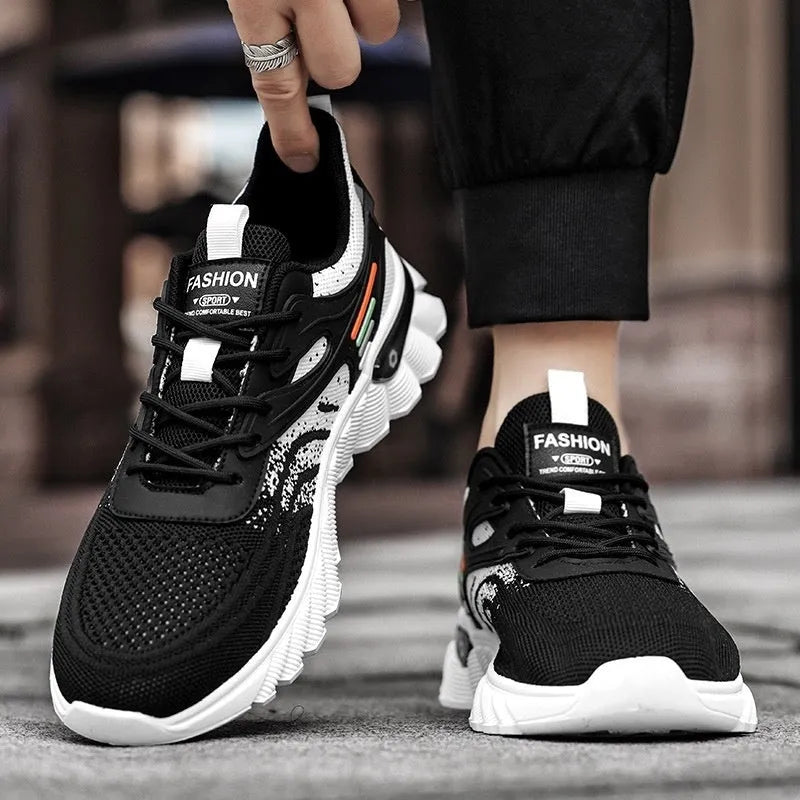 Men's black and white-blue platform casual running shoes with cross shoulder straps and rubber sole