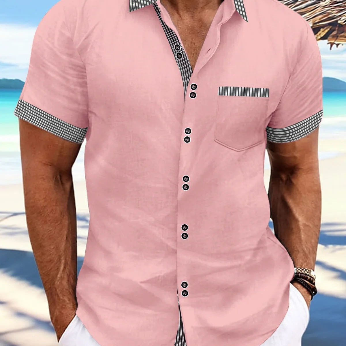 Man wearing a slim fit striped casual shirt in pure cotton, showing double button and short sleeve design.
