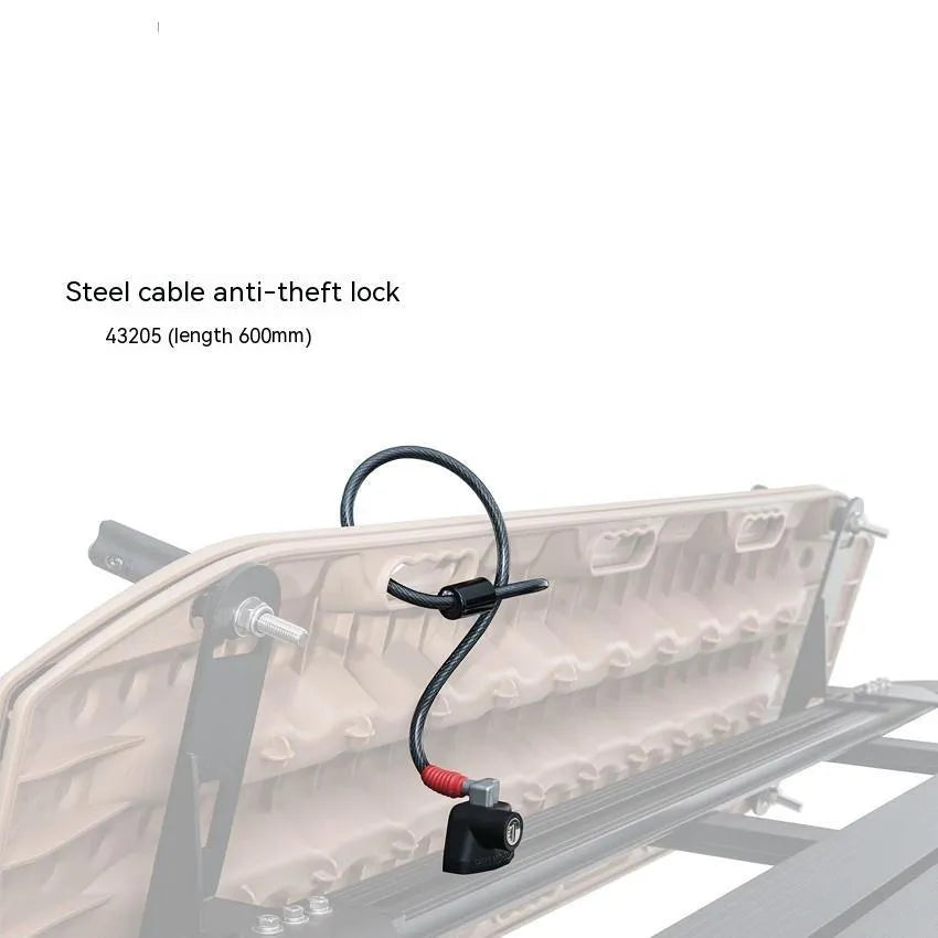 Plastic-sheathed steel cable lock for securing a kayak on a roof rack.