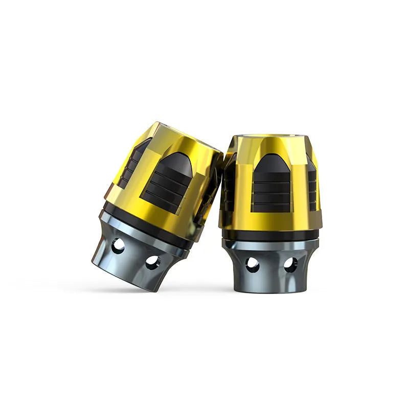 A pair of aluminium alloy fork cups for motorcycle or electric car front axle, shown in an anodised colour.